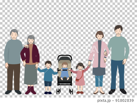 楽しそうに手を繋いで正面を向いている3世代家族のセット 91802839