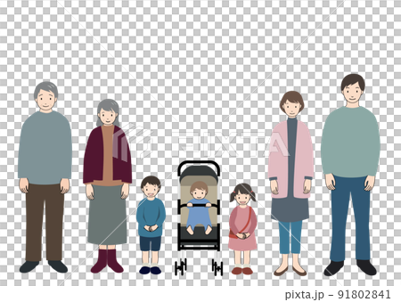 楽しそうに笑顔で正面を向いている3世代家族のセット 楽しそうに笑顔で正面を向いている3世代家族のセット 91802841
