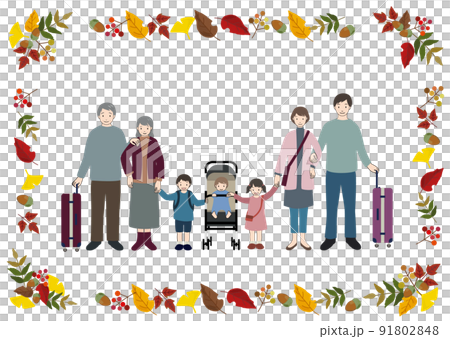 笑顔で正面を向いて旅行に出かける3世代家族と紅葉のフレームセット 笑顔で正面を向いて旅行に出かける3世代家族と紅葉のフレームセット 91802848