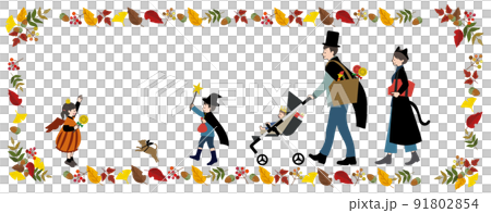 ハロウィンの仮装をしてお出かけしている家族と犬、落ち葉のフレームセット 91802854