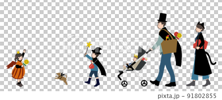 Hand-drawn illustration set of family and dog going out in Halloween costume 91802855