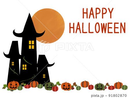 ハロウィンをイメージした、ジャックオーランタンとお城の手描きフレームセット 91802870
