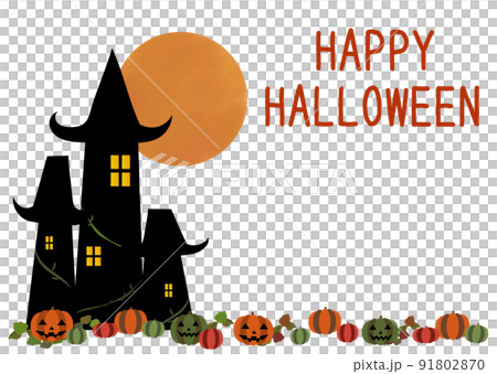 ハロウィンをイメージした、ジャックオーランタンとお城の手描きフレームセット 91802870