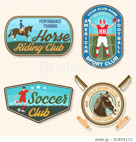 Set of american football, soccer, polo and horse riding club embroidery patch. Vector. Sticker design with soccer, american football sportsman player, helmet, ball rider and horse silhouette. 91804115