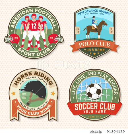 Set of american football, soccer, polo and horse riding club embroidery patch. Vector. Sticker design with soccer, american football sportsman player, helmet, ball rider and horse silhouette. 91804129