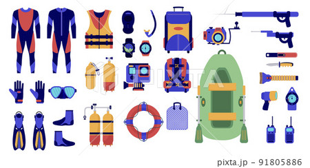 Equipment gear set for diving. Scuba diving, diving mask, flippers, oxygen tank, aqualung, snorkel, marine animals, spearfishing diving underwater protective sea equipment etc. Vector illustration Equipment gear set for diving. Scuba diving, diving mask, flippers, oxygen tank, aqualung, snorkel, marine animals, spearfishing diving underwater protective sea equipment etc. Vector illustration 91805886