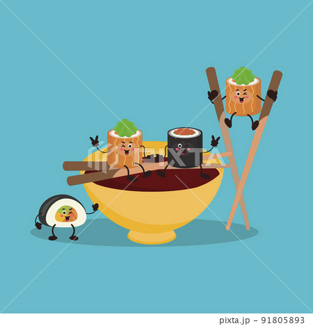 Food poster or baner design with vector Futomaki sushi characters. Vector illustration with Cute kawaii sushi. 91805893