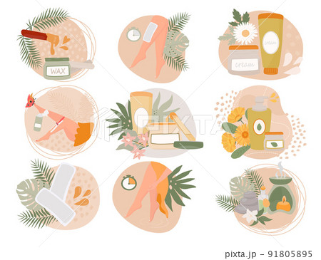 Set vector illustration for beauty industry and cosmetology, spa salona. Professional cosmetics treatment and wellness, body lotion, oil, Waxing cream, paste, depilatory cream. 91805895