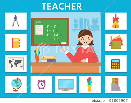 Educational game for kids. Learning cards. Professions. Teacher and school supplies. Preschool worksheet activity. Vector illustration Educational game for kids. Learning cards. Professions. Teacher and school supplies. Preschool worksheet activity. Vector illustration 91805907