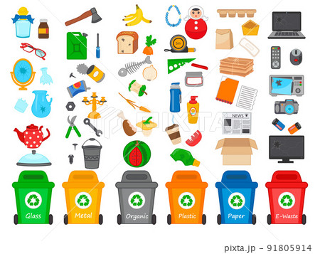 Vector illustration with garbage containers for e-waste, plastic, metal, glass, paper, organic trash. Garbage sorting set. Zero waste and environmental protection concept. Vector illustration with garbage containers for e-waste, plastic, metal, glass, paper, organic trash. Garbage sorting set. Zero waste and environmental protection concept. 91805914