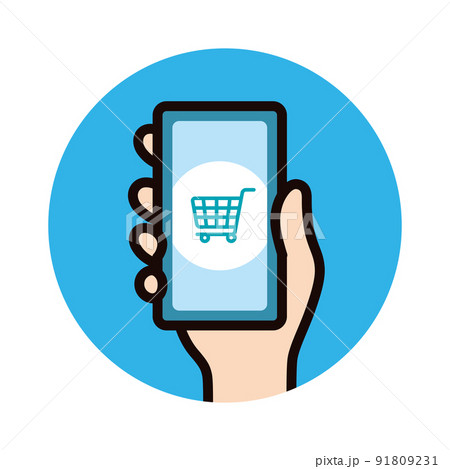 アイコン_スマホ_手_買い物かご_青バック_丸 アイコン_スマホ_手_買い物かご_青バック_丸 91809231