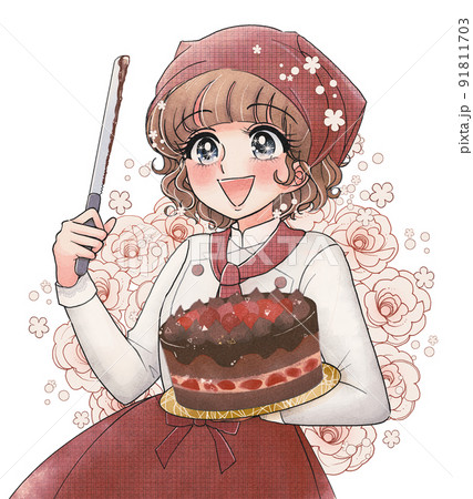 少女漫画風かわいいケーキ屋さんとバレンタインデーチョコレートケーキ 91811703