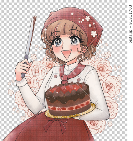 少女漫画風かわいいケーキ屋さんとバレンタインデーチョコレートケーキ 91811703
