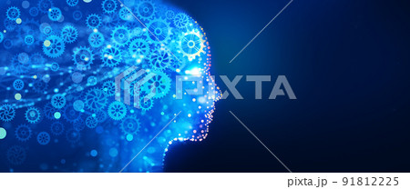 Human head with a luminous cog wheel. Creative brain gear, idea, intelligence, imagination, and inspiration. Analysis information, Cyber mind, Business strategy and intellectual property Concept. Human head with a luminous cog wheel. Creative brain gear, idea, intelligence, imagination, and inspiration. Analysis information, Cyber mind, Business strategy and intellectual property Concept. 91812225