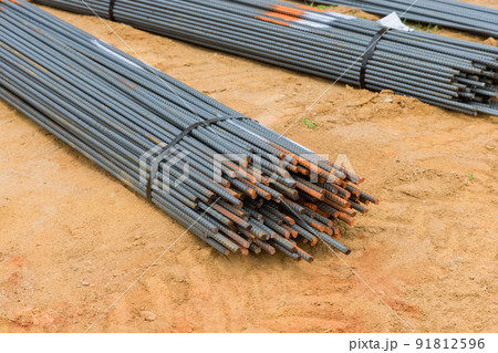 Reinforcement with steel bars at a construction site 91812596