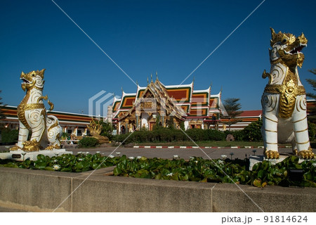 The Leo or lion serves as protection. Preserving the place at Wat Phra That Choeng Chum Worawihan It is an important sacred place of the city. since ancient times.This is a beautiful Thai national art 91814624