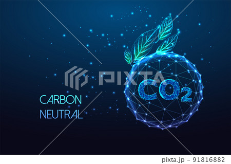 Carbon neutral, net zero emission concept with CO2 inside of sphere and green leaves on dark blue Carbon neutral, net zero emission concept with CO2 inside of sphere and green leaves on dark blue 91816882