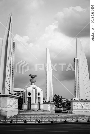 Portrait vintage black and white Thailand Democracy monument in cloudy day. Portrait vintage black and white Thailand Democracy monument in cloudy day. 91816984