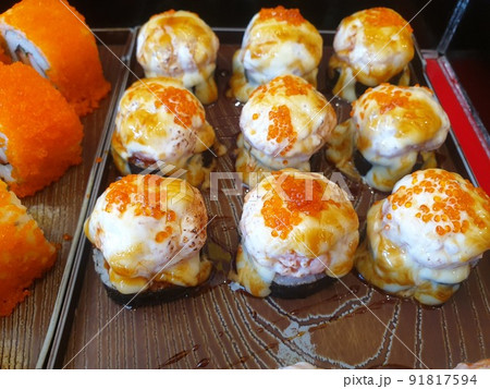 Japanese food in set different types of sushi 91817594