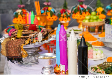 The Sacrifice objects set for the Thai filming project. They prepare in front of the spiritual landlord statue and asking for the successful project. 91818477