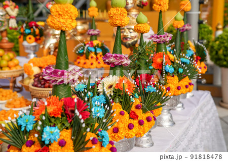 The Sacrifice objects set for the Thai filming project. They prepare in front of the spiritual landlord statue and asking for the successful project. 91818478