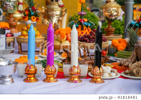 The Sacrifice objects set for the Thai filming project. They prepare in front of the spiritual landlord statue and asking for the successful project. The Sacrifice objects set for the Thai filming project. They prepare in front of the spiritual landlord statue and asking for the successful project. 91818481