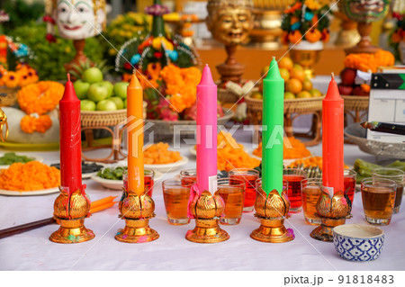 The Sacrifice objects set for the Thai filming project. They prepare in front of the spiritual landlord statue and asking for the successful project. The Sacrifice objects set for the Thai filming project. They prepare in front of the spiritual landlord statue and asking for the successful project. 91818483