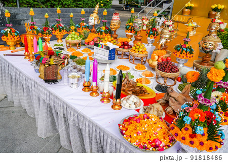 The Sacrifice objects set for the Thai filming project. They prepare in front of the spiritual landlord statue and asking for the successful project. The Sacrifice objects set for the Thai filming project. They prepare in front of the spiritual landlord statue and asking for the successful project. 91818486