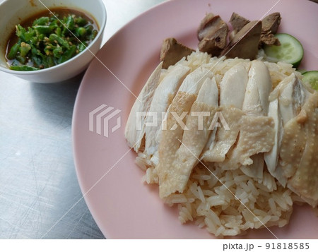 Rice steamed with chicken soup at street food Rice steamed with chicken soup at street food 91818585
