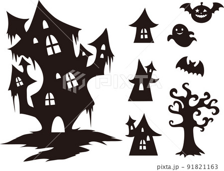 ハロウィン ハロウィーン おばけ屋敷 家 10月 秋 アイコン シルエット イラスト 白黒 セットのイラスト素材