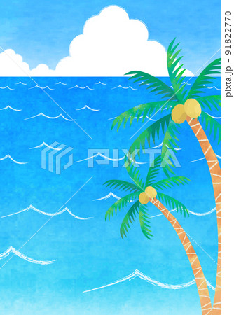 夏の海とヤシの木の手描き水彩イラスト　背景素材　縦長 91822770