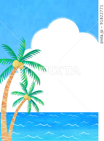 夏の海とヤシの木の手描き水彩イラスト　背景素材　縦長 91822771