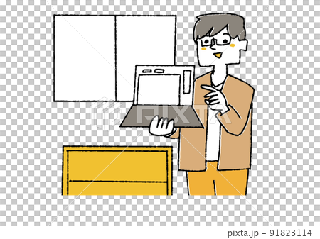A creator who explains while showing the screen of a laptop computer A person who does creative work using a computer 91823114