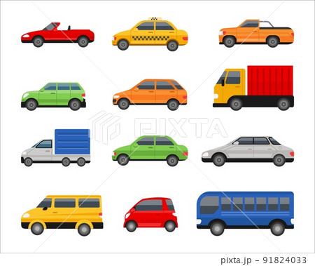 City vehicle. Urban transportation. Cars side view. Van and suv truck. Isolated auto taxi mini or micro modern transport. Road traffic elements. Cabriolet or sedan. Driving bus. Vector automobiles set 91824033