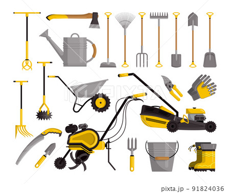 Garden tools. Farm equipment for agriculture and horticulture. Isolated lawnmower. Metal shovel and rake. Watering can. Rubber gloves and boots. Farming inventory. Vector gardening instruments set Garden tools. Farm equipment for agriculture and horticulture. Isolated lawnmower. Metal shovel and rake. Watering can. Rubber gloves and boots. Farming inventory. Vector gardening instruments set 91824036