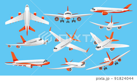 Airline png plane. Isometric aviation top view. Passenger aircraft. Front and side landing. Wing destination of flight jet. Aerial transportation. Flying airplanes set. Vector isolated illustration 91824044