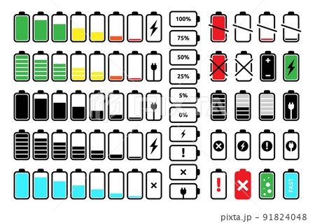 Battery charge. Low and full percentage of electric logo, empty level up gauge status, accumulator source, phone energy. Electric power indicator. Flat isolated elements. Vector design illustration 91824048