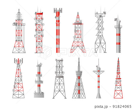 Telecommunication tower. Mobile and radio signal by antenna, network communication, 5g mast, telephone and television satellite red and grey station. Internet technology. Vector design isolated set Telecommunication tower. Mobile and radio signal by antenna, network communication, 5g mast, telephone and television satellite red and grey station. Internet technology. Vector design isolated set 91824065