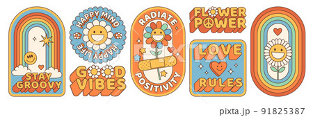Groovy hippie 70s stickers. Funny cartoon flower, rainbow, peace, Love, heart, daisy, mushroom etc. Sticker pack in trendy retro psychedelic cartoon style. Flower power. Good vibes. Stay groovy. 91825387