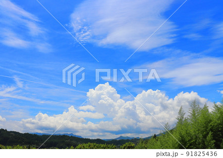 夏の青空　雲　山　竹林 91825436