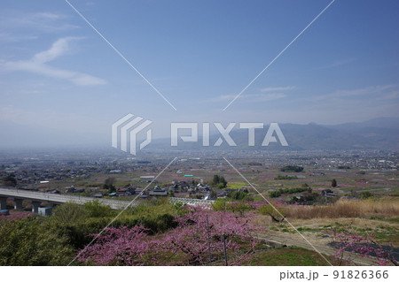 山梨県笛吹市の花鳥山展望台から見るリニア実験線と桃の花の春の風景 山梨県笛吹市の花鳥山展望台から見るリニア実験線と桃の花の春の風景 91826366