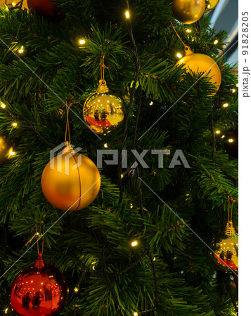 Christmas golden ball on the green branches fir 91828205