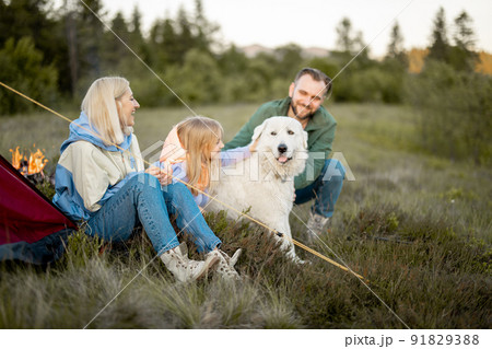 Portrait of a lovely couple with little girl and dog traveling in mountains 91829388