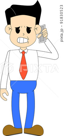 イライラしながらスマホで電話をかけているカートゥーン風サラリーマン男性イラスト イライラしながらスマホで電話をかけているカートゥーン風サラリーマン男性イラスト 91830523
