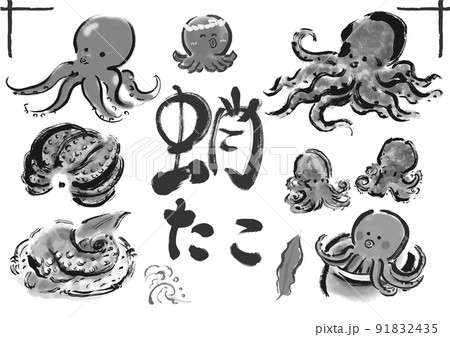 タコの集合イラスト　モノクロ 91832435