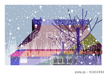 日本の美しい四季を織りなす古民家。 日本家屋の優しい味わいを油彩風（エンボス）表現しました。 背景と 91832683