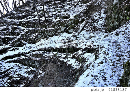 丹沢の大山三峰山　冷たい雪の崩落地を通る登山道 91833187