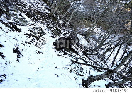 丹沢の大山三峰山　冷たい雪の崩落地を通って物見峠に至る登山道 91833190
