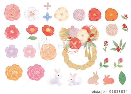 シンプルでかわいい和風の花とうさぎのイラストレーションセット 91833834