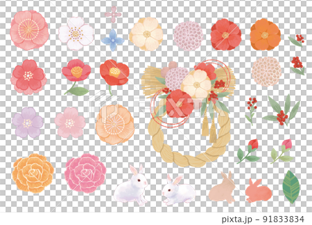 シンプルでかわいい和風の花とうさぎのイラストレーションセット 91833834